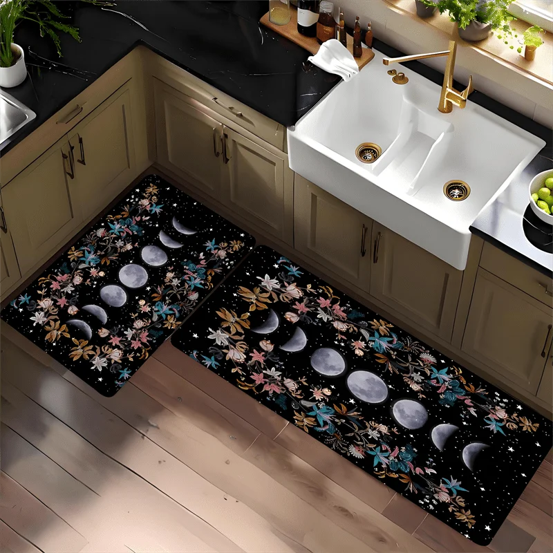 VIKAMA Featuring Moon Phases And Floral Design Bathroom Mat Welcome Carpet Home Decor Doormat Corridor Laundry Room Bedside Rugs