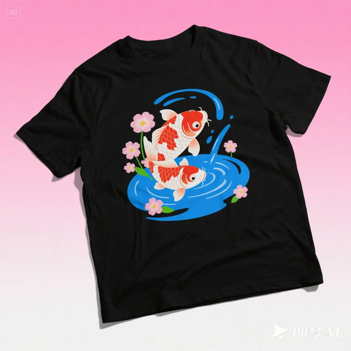 

Koi Fish with Flowers and Water Printed Symbolize- Fish Get Water T-Shirt. Summer Cotton Short Sleeve O-Neck Mens T Shirt New