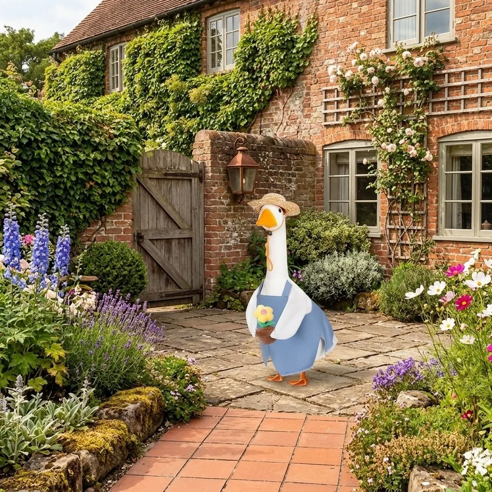 Gardener Costume Designed to Fit Standard For 23 Inch Goose Statues with Blue Overalls White Sleeves Straw Hat and Sunflower Pot