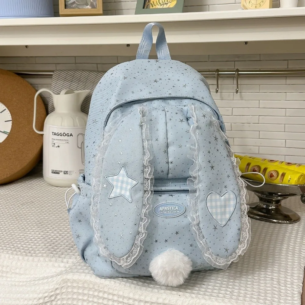 Sweet Nylon Rabbit Ear Backpack Lace Large Capacity Student's Backpack Polka Dot Travel Rucksack for Students Girls