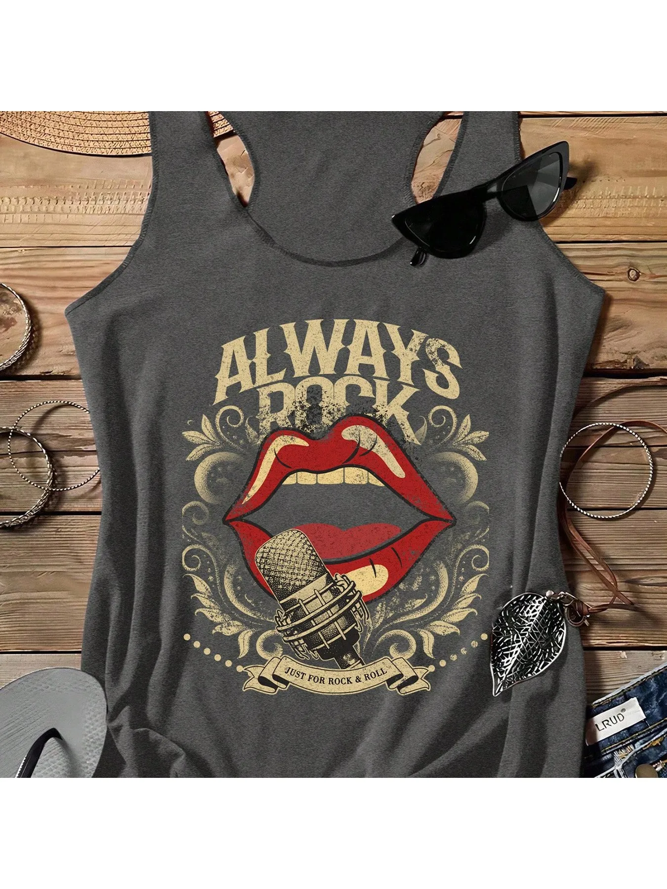 Ladies' Vintage Rock Style Lip Microphone Print I-Back Vest, Summer Casual Sleeveless Top