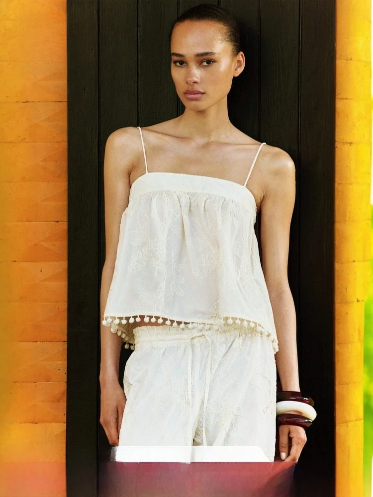 

Spring Sweet Sle Embroidered ter Top Women's Clothing H&M 00% Cotton Vest Strapl Faion Ladies' Premium