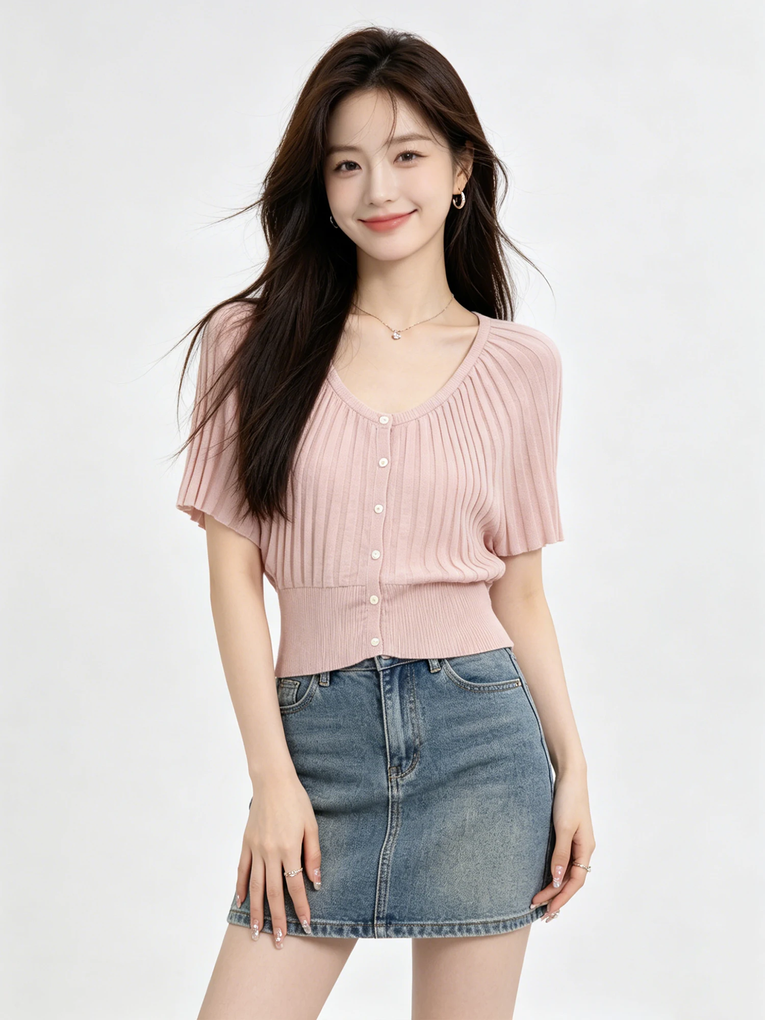 Stunning V-neck Bell Sleeve Knitted T-shirt Women's Summer 2026 New Style Fashionable French Style Slim Fit  Color Top