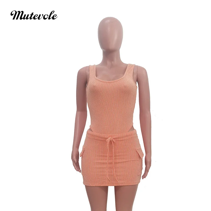 Mutevole Ribbed Two Piece Set Women Sleeveless Bodysuit Top Drawstring Pocket Mini Skirt