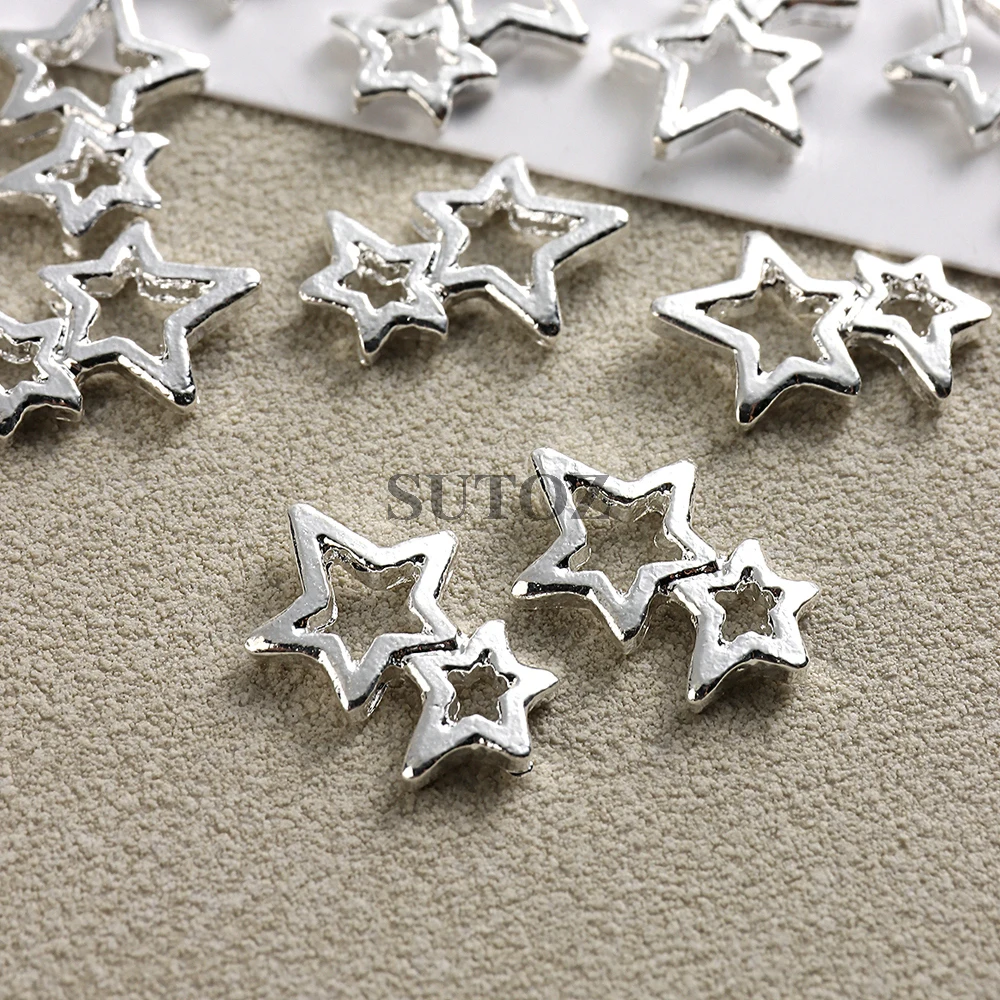 10Pcs Star Nail Charms Y2K Nail Art Rhinestone Gold Silver Five-pointed Star Metal Rivets Diamonds Deco Manicure Materials GLWEX