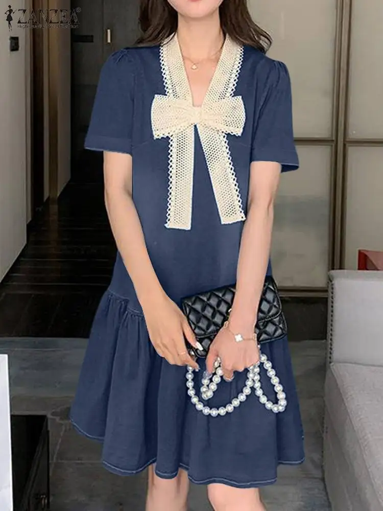 Elegant Women Summer Dress ZANZEA New Denim Blue Party Sundress Short Sleeve Ruffles Hem Vestidos Bow Tie Work Robe Femme image 2