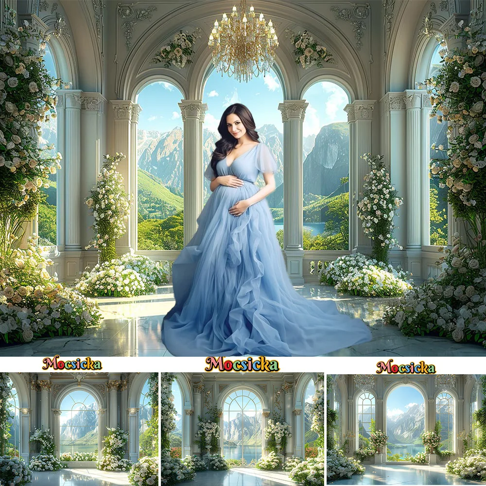 

Fairy Tale Wedding Palace Background Photography for Girl Green Floral Arched Window Backdrop Booth Woman Mom Art Photo Studio