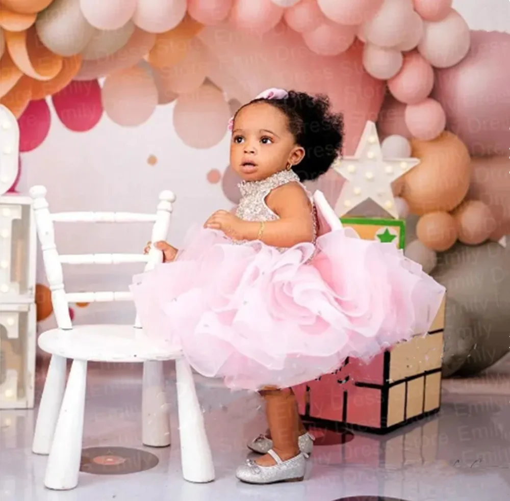 

Customized White Flower Girl Dress For Wedding High Collar Crystal Appliques Tiered Puffy Toddler Birthday Party Banquet Gown