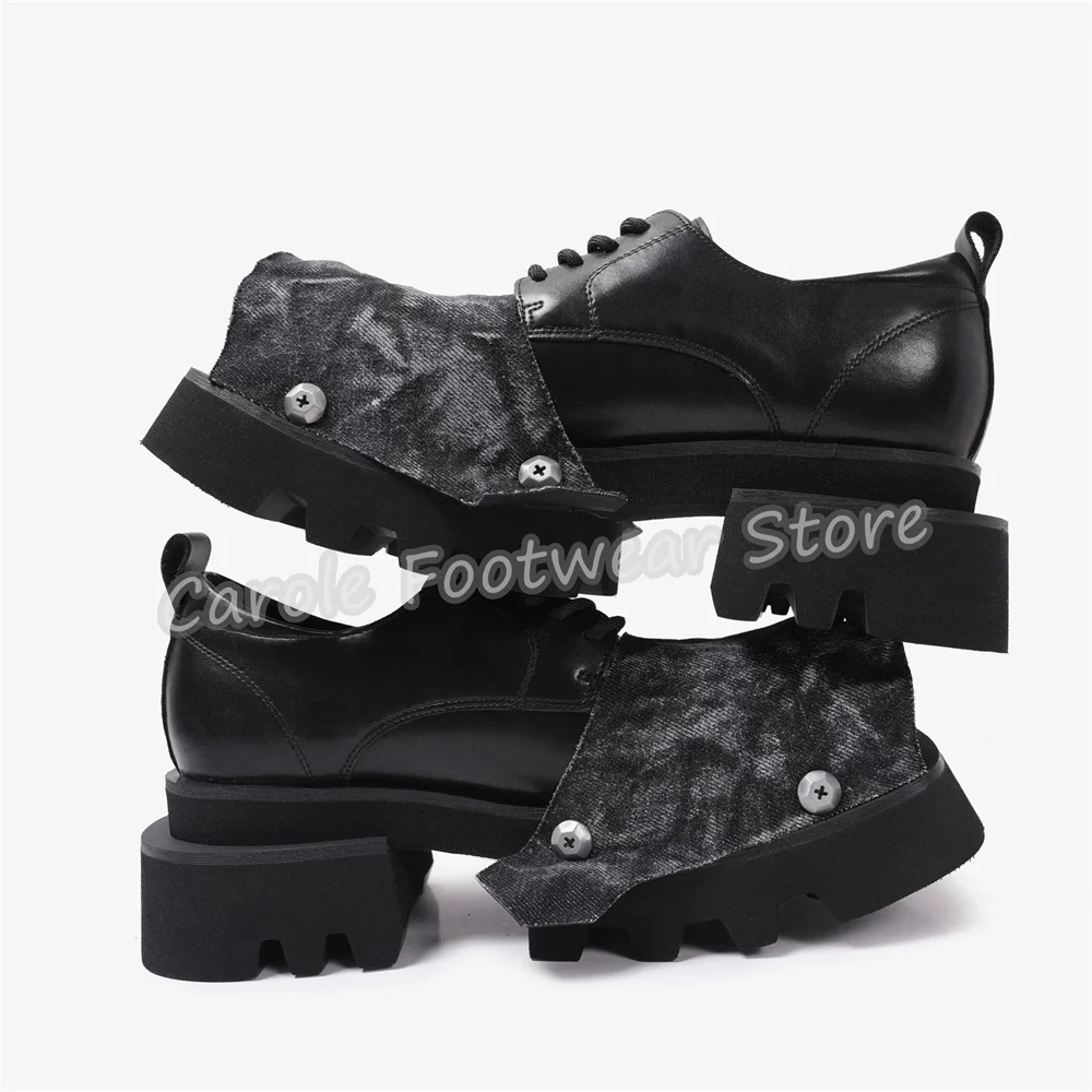 Retro Denim Splicing Square Toe Derby Shoes Male Chunky Bottom Lace-Up Leather Shoes Gothic Punk Streetwear Casual Footwear