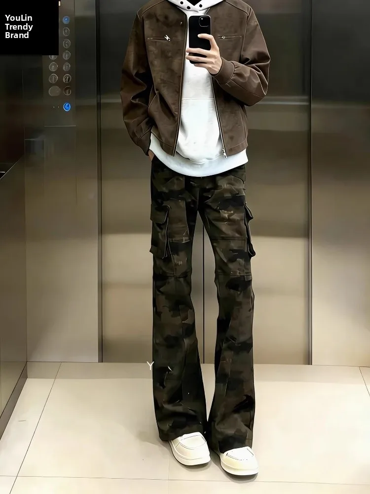 

Cleanfit American Style Camouflage Jeans Men's Spring Retro Workwear High Waist Straight Leg Micro Flared Pants Casual Wear