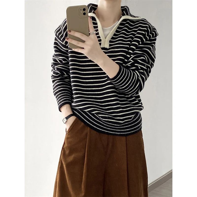 

French Striped Lazy Polo Neck Sweater For Girl's New Loose Fitting Long Sleeved Women's C32