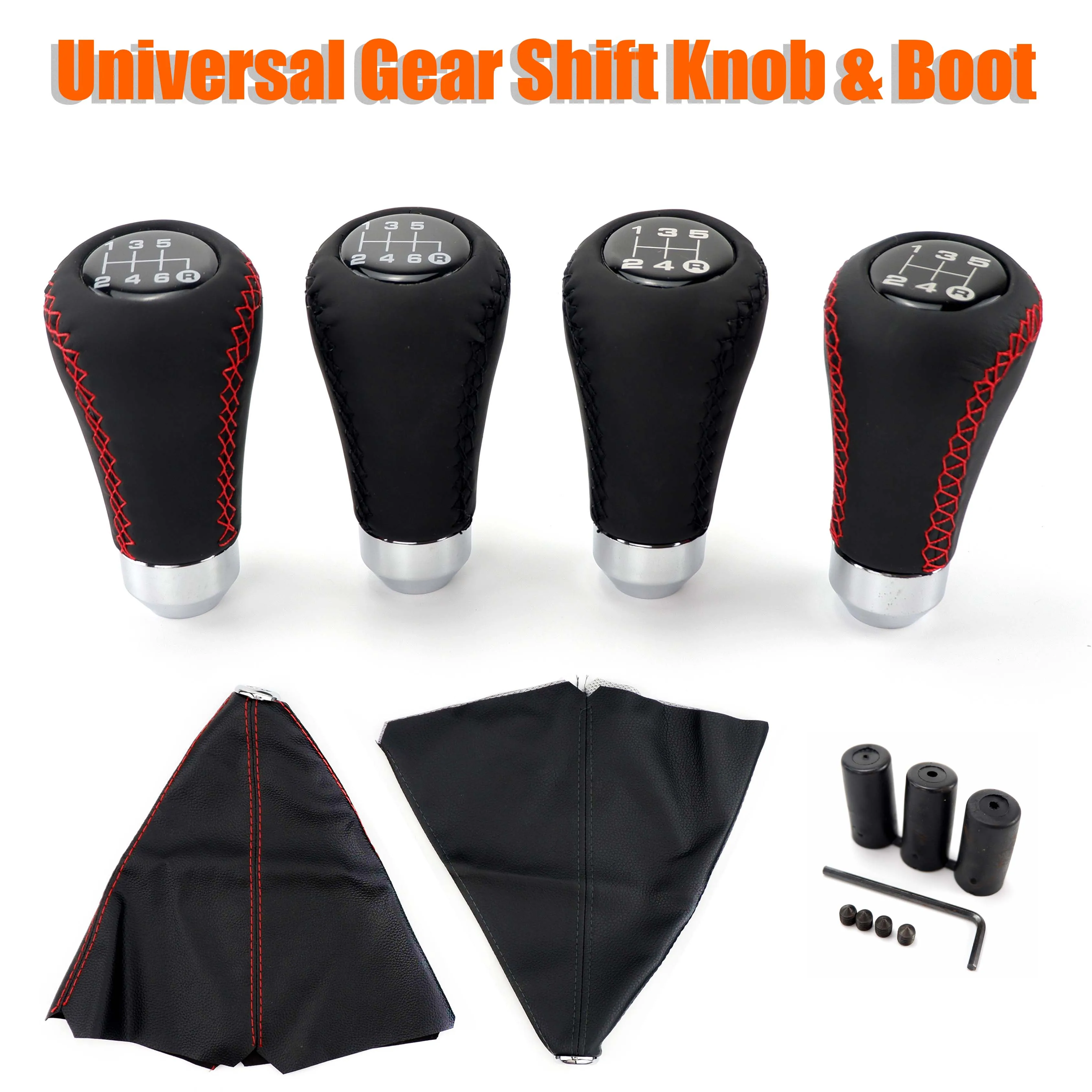 Universal Car Gear Shift Knob Gear Stick + Boot Set 5 / 6 Speed Manual Shifter Lever Black Red Line Stitche PU Leather