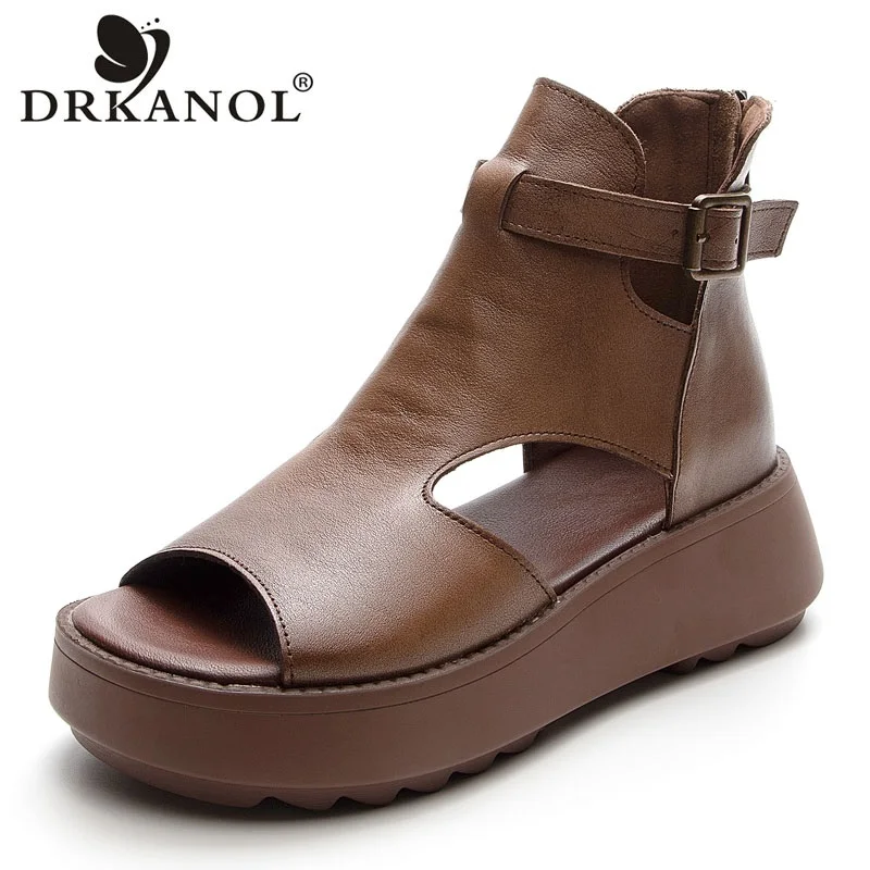 DRKANOL sandali con plateau da donna fatti a mano retrò con cerniera posteriore estiva stivali Cool Lady sandali con zeppa Casual Open Toe in vera