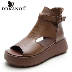 DRKANOL sandali con plateau da donna fatti a mano retrò con cerniera posteriore estiva stivali Cool Lady sandali con zeppa Casual Open Toe in vera pelle