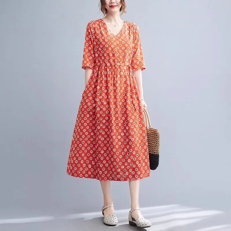 

Pop New Summer Vintage Literary Women Dresses V-Neck Half Sleeve Casual Loose Midi Dress Drawstring A-Line Slim Long Dress