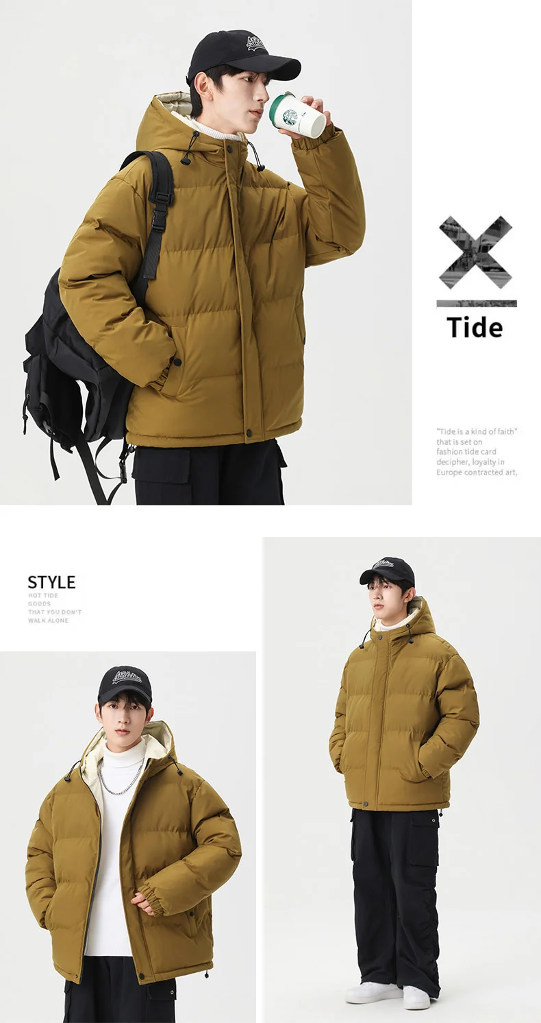 Winter Solid Color Hooded Parkas for Men New Style Comfortable Warm Cotton Coats Fashion Thicken Outerwear Outdoor Windproof