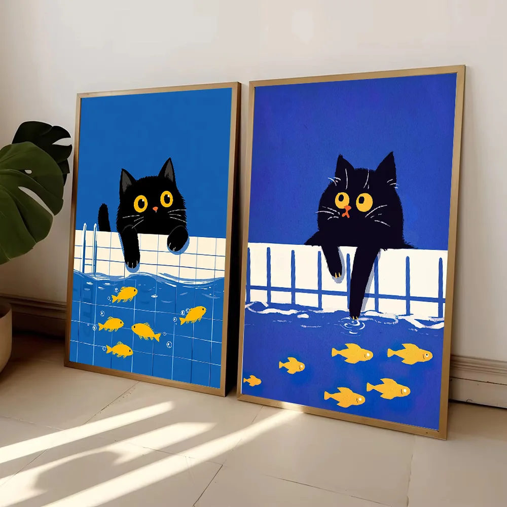 Cute Black Cat with Goldfish Pool Poster Wall Art Print , Whimsical Animal Illustration Canvas Painting  Modern Home Decoration
