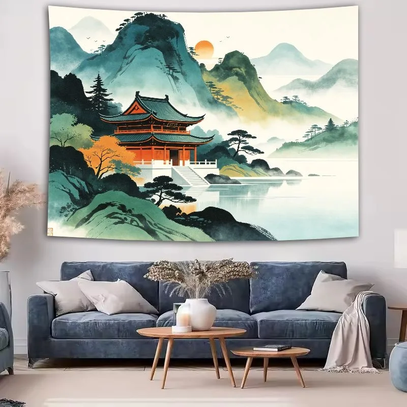VIKAMA Chinese Ink Painting Tapestry Wall Hanging, Durable Print, Wall Art for Living Room Bedroom Office Study Room Decor