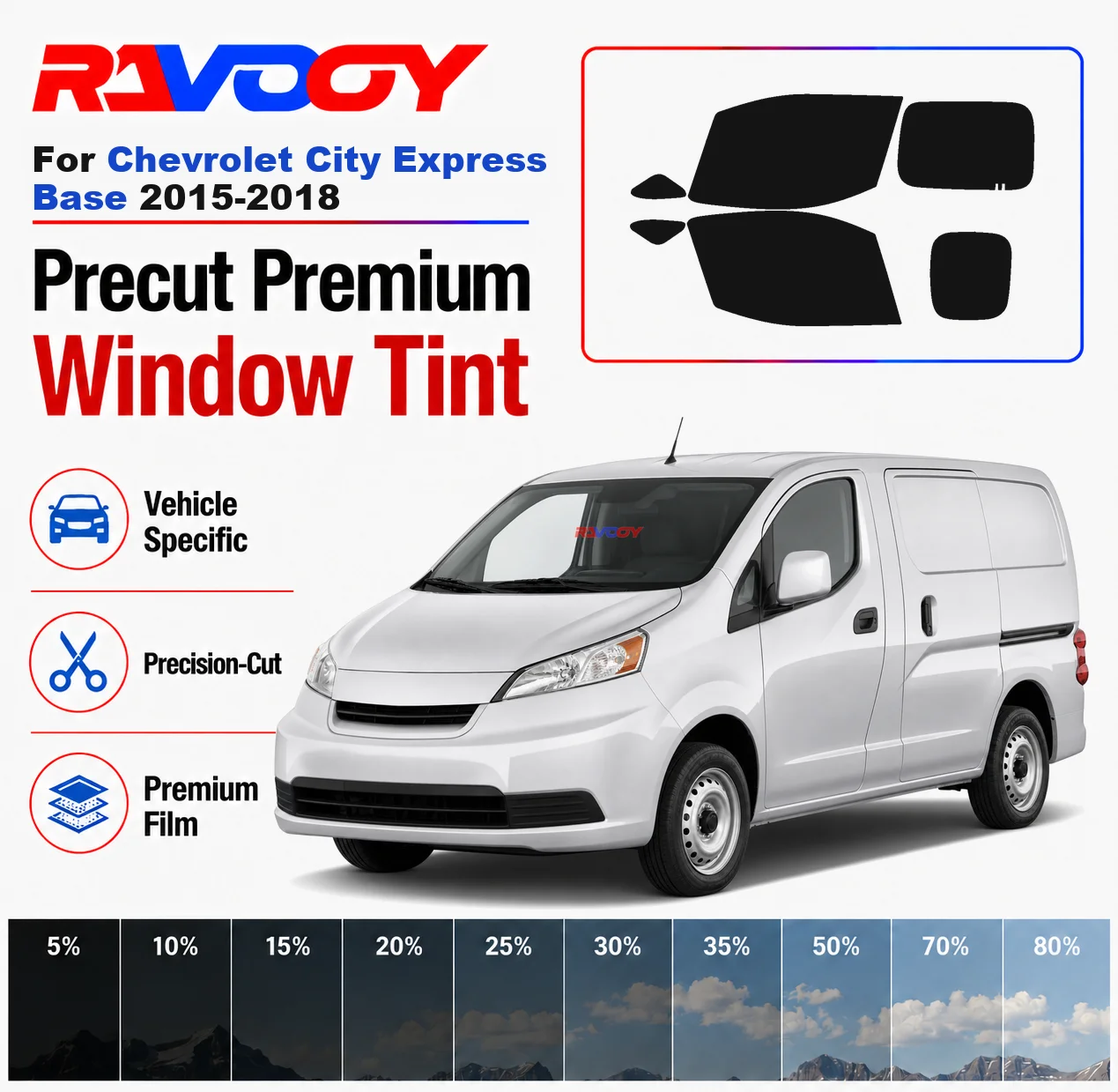 Kit de teinte pour vitres pré-découpées de qualité supérieure, pour vitres avant et arrière, pare-brise arrière, pour Chevrolet City Express Base 2015-2018, film céramique Nano