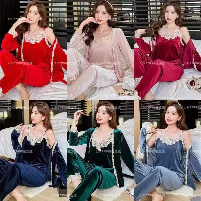 Autumn Winter Warm Female 3PCS Pajamas Set Velvet Sleepwear Sexy Lace Trim Nightwear Pijamas Suit Loose Casual Velour Home Wear