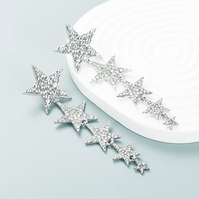 Trendy and exaggerated alloy diamond-encrusted five-pointed star long tassel earrings with a shiny and high-end feel