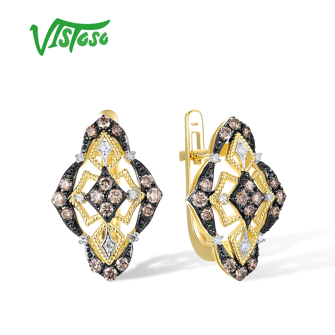 VISTOSO Authentic 14K 585 Rose Yellow Gold Earrings For Women Sparkling Brown Diamond Delicate Vintage Wedding Fine Jewelry