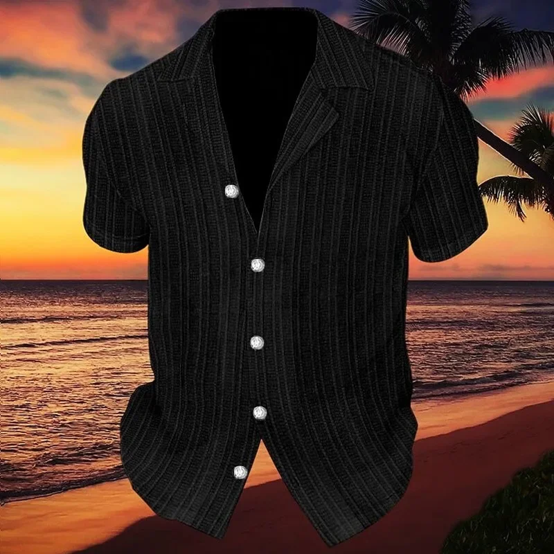 

New Men's Solid Color Casual Short Sleeve Shirts Summer Lapel Button-up Striped Cardigan Tops Male Daily Vacation Beach Blouses