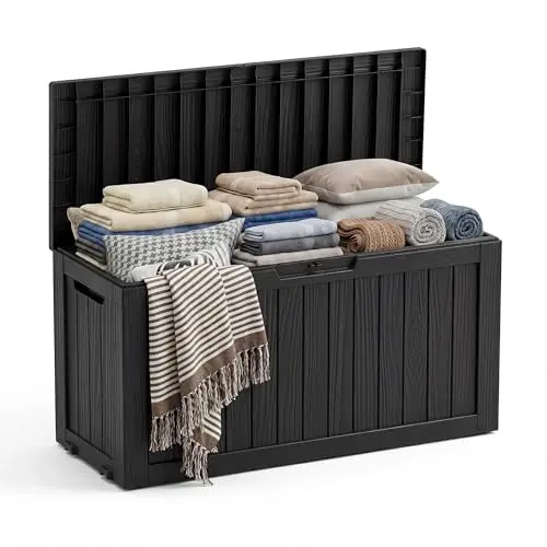 75 Gallon Resin Deck Box, Space-Saving Weatherproof Outdoor Storage Box for Furniture, Garden Tools and Tools Storage