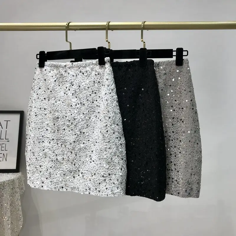 

2023 Shiny Sequins Korean Style Female Design Hot Girl Short Spring And Summer High Waist Slimming A-line Skirt