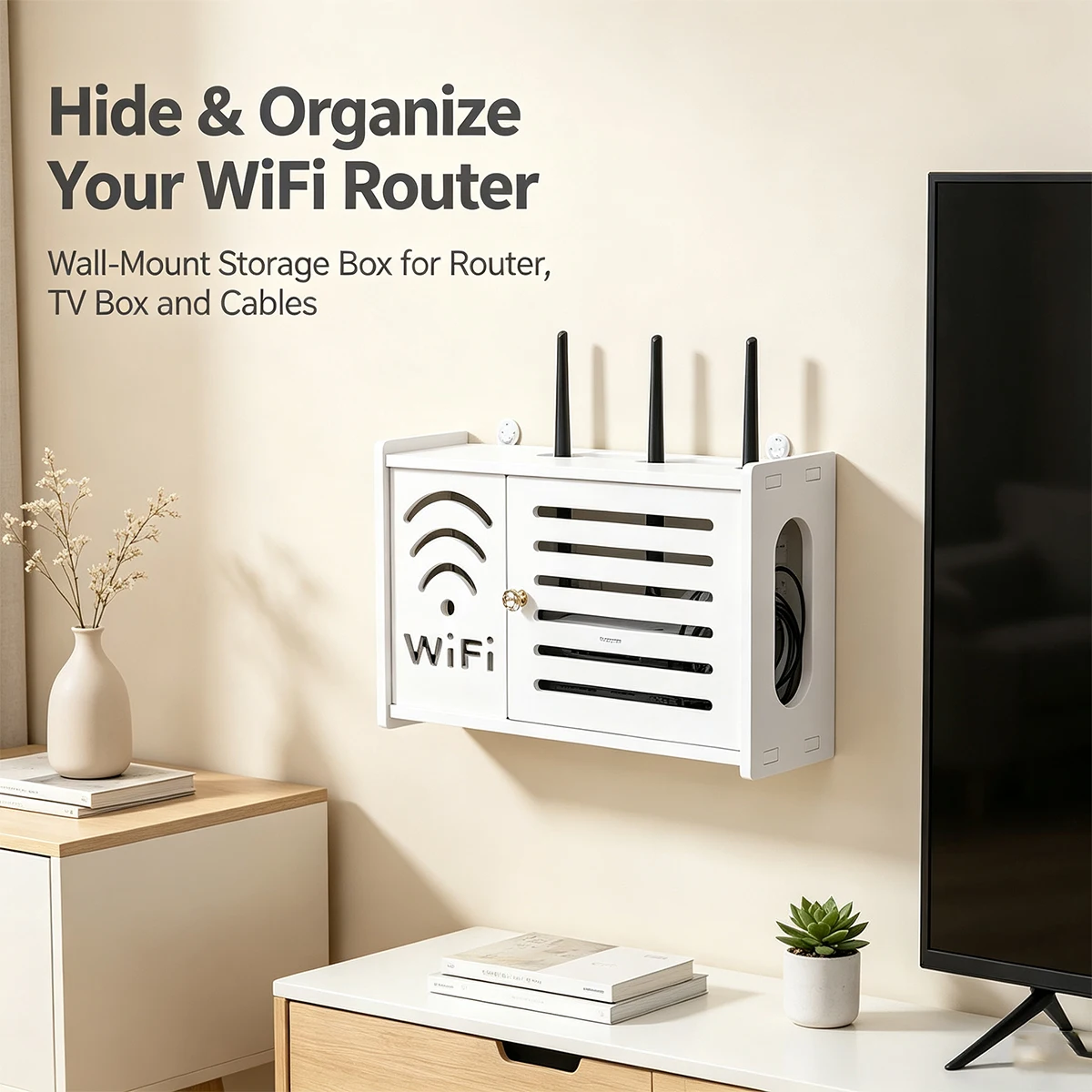 Wall-Mount WiFi Router Organizer Box, No-Drill Cable Management Shelf for Router, TV Box and Modem