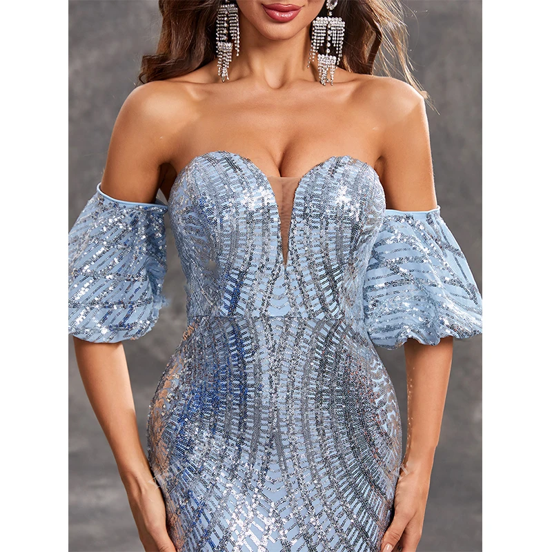 Frauen Sexy Backless Liebsten Kleider Sommer Off Schulter Blau Pailletten Formelle Anlässe Abend Cocktail Prom Langes Kleid Vestido