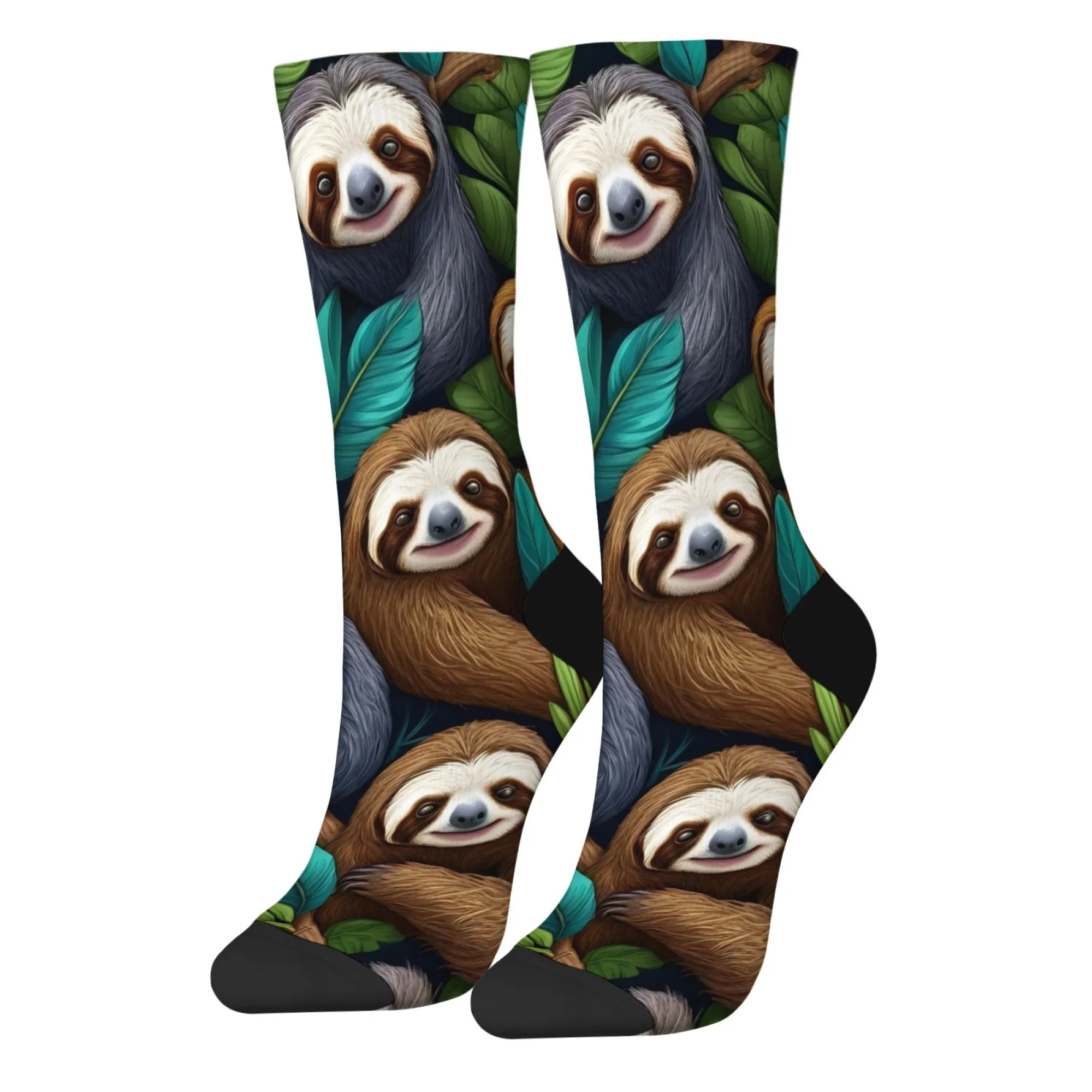 Niedliche Cartoon-Faultier-Kunst-Crew-Socken mit mehreren Faulen und tropischem Pflanzenmuster, weich, warm, für Faultierliebhaber und Kawaii-Tierbegeisterte