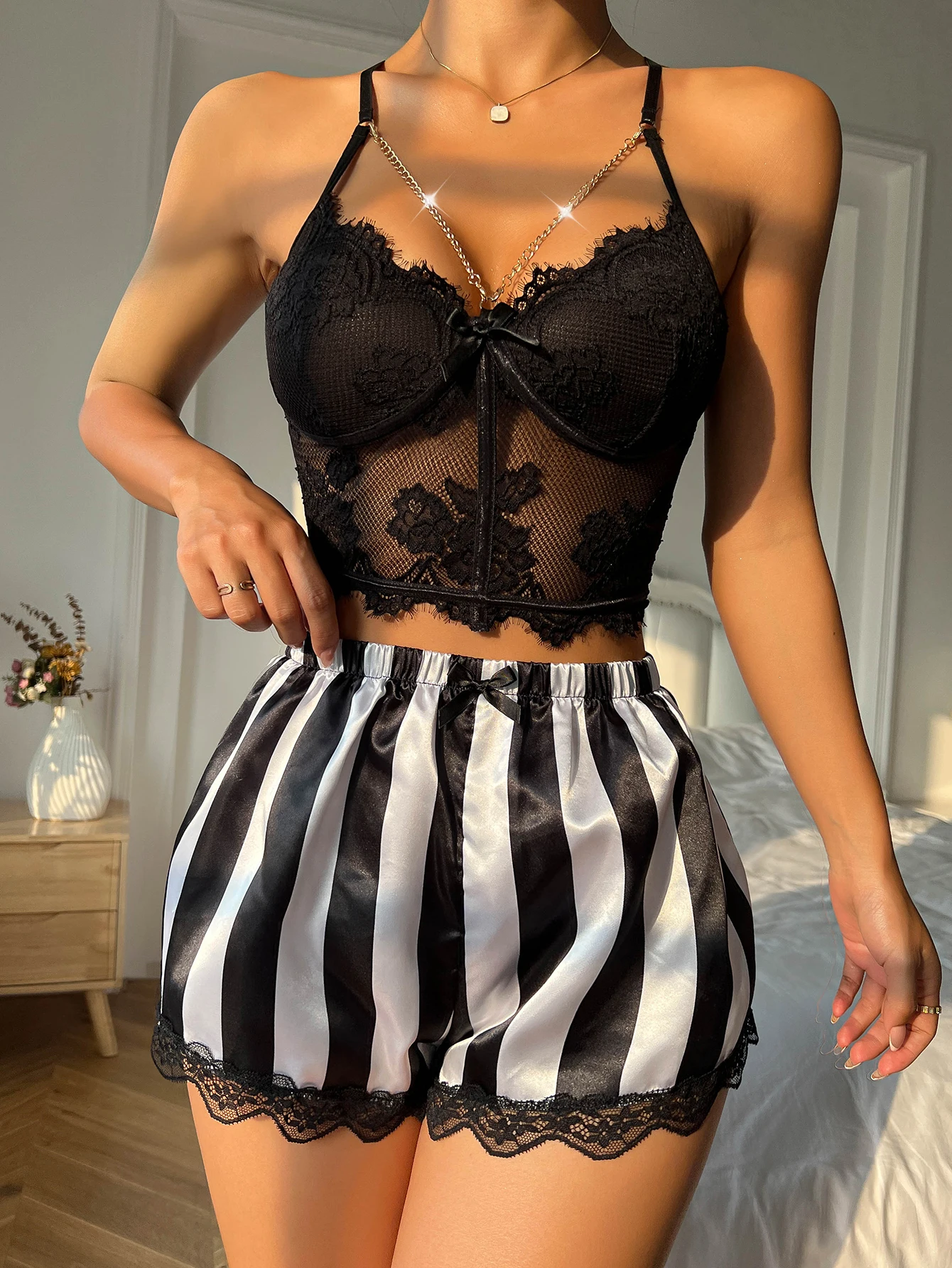 Summer Ladies Pajamas Set Black Lace Camisole Top + Striped Shorts, Comfortable and Breathable Home Sexy Pajamas