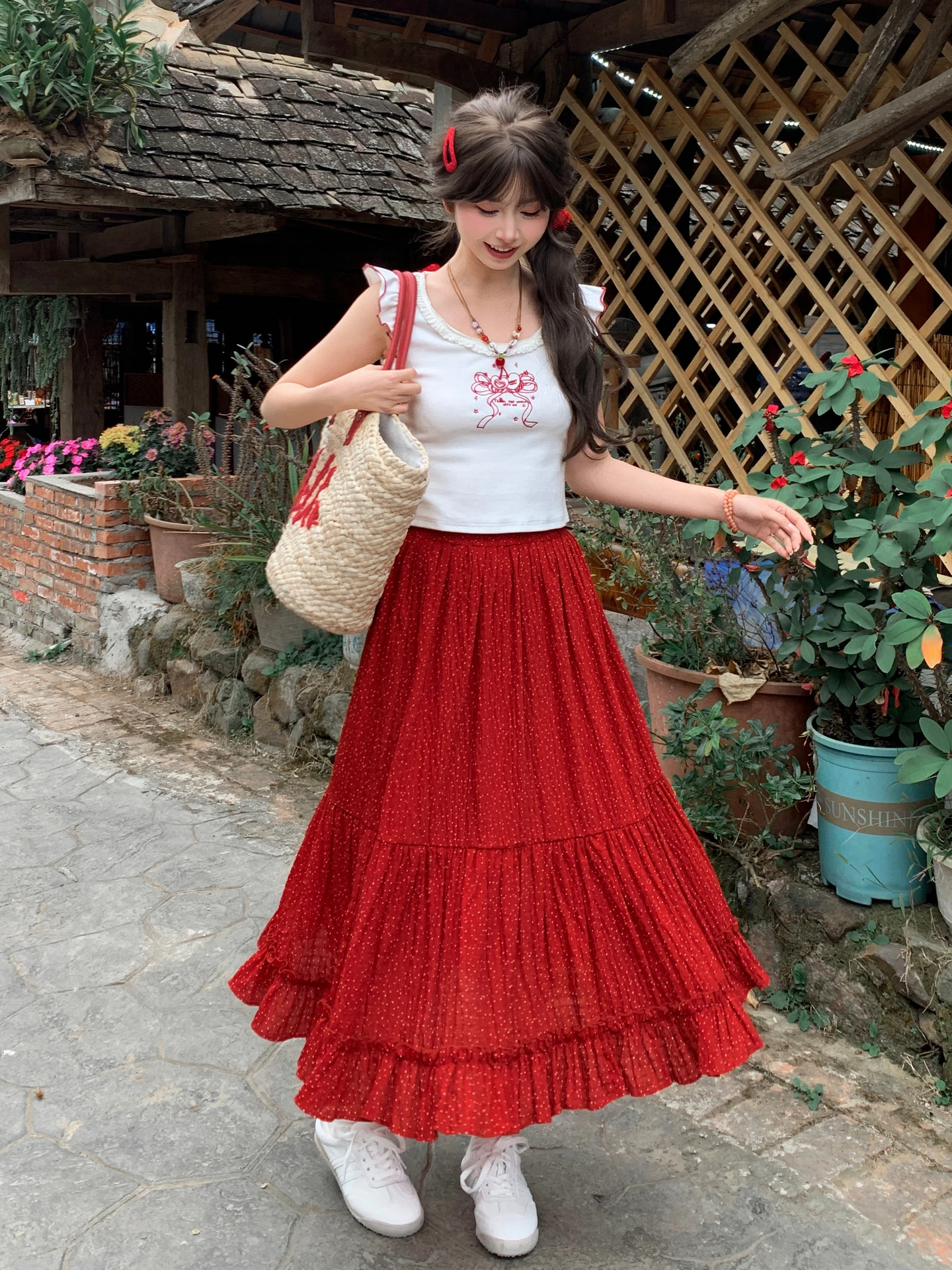 

Red Polka Dot Elastic Waist Half Skirt Women's New Style Pleated Double Layer Lace Loose Waist Slimming Long Summer Skirt