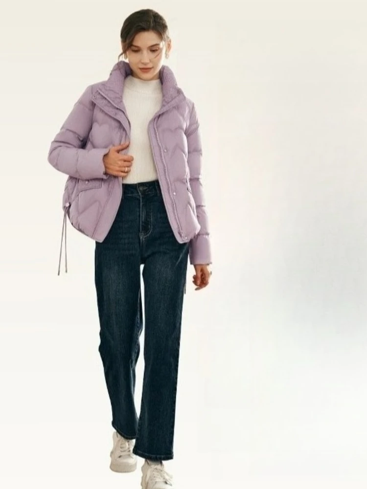 OLrain Woman Winter Down Jacket 2025 Draw String Zip Up Oversized Short Puffer Jacket Office Lady Stand Neck Coats G23DY88050