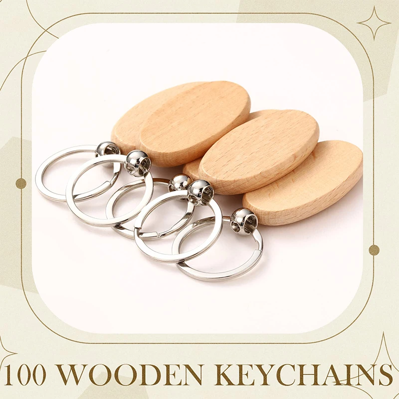 20Pcs Oval Beech Wood Keychain Wooden Pendant Keyrings Wood Keychain