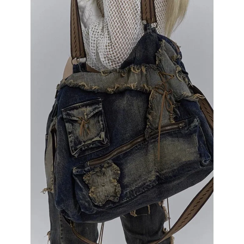 

Original Homemade Old-fashioned Sense of Heavy Industry Washed Wasteland Wandering Wind Spice Large Capacity Denim Bag Retro