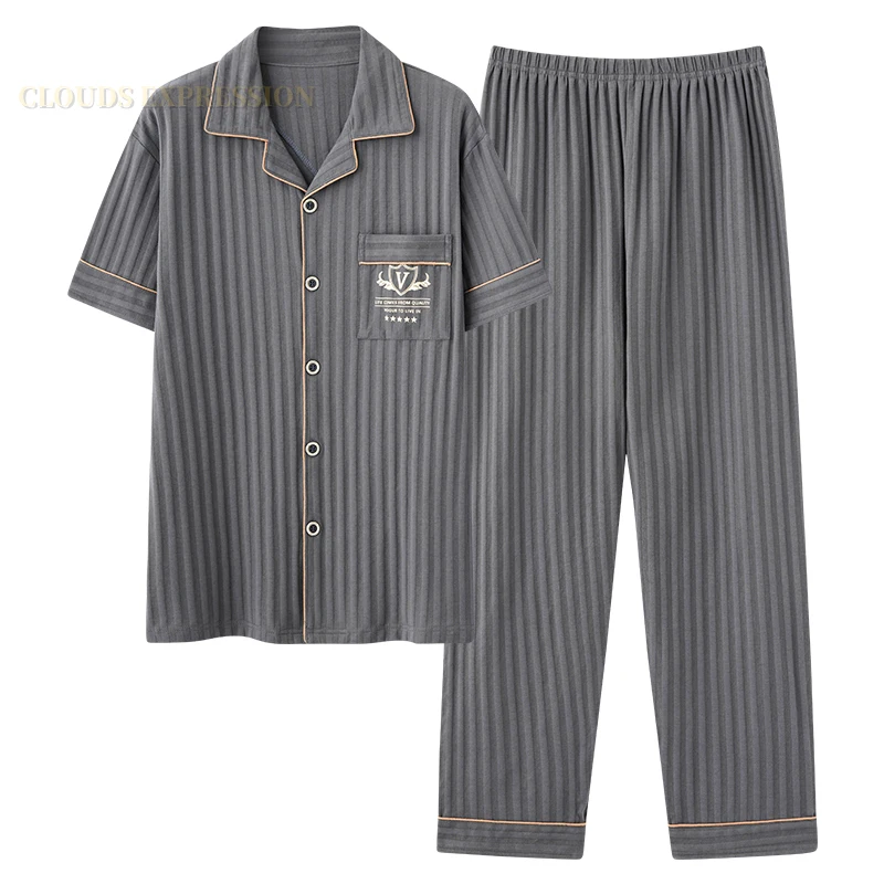 L-5XL Summer Luxury Pyjamas Knited Cotton Men\'s Pajamas Sets Long Pants Sleepwear Pyjamas Night  Pijamas Plus Size Homewear PJ