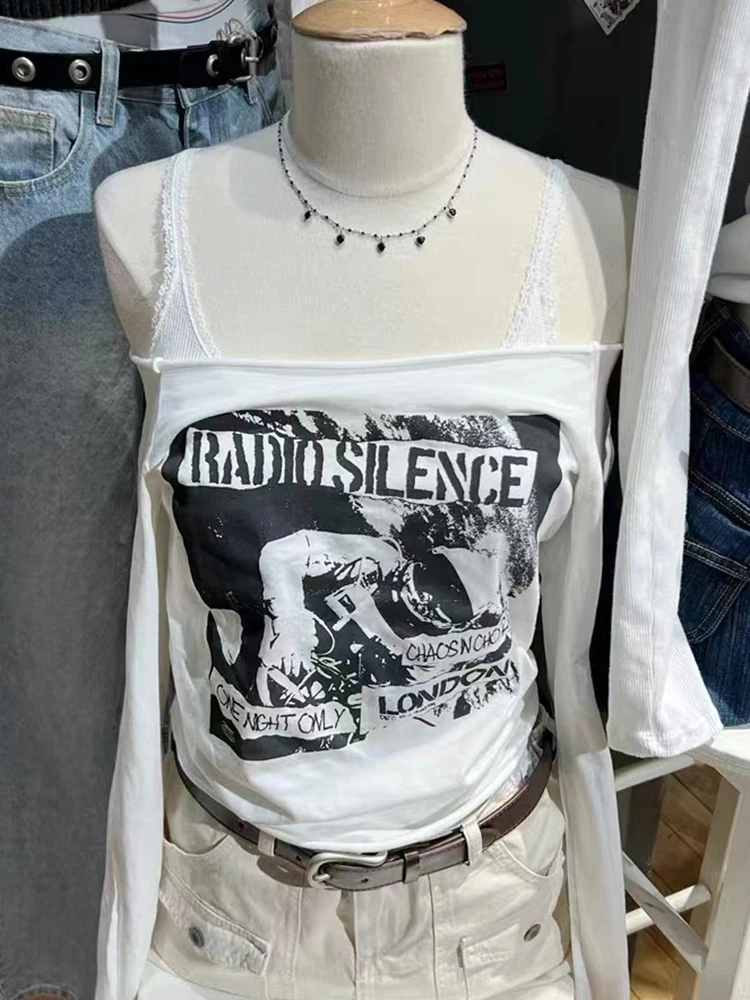 Army Green Letter Graphic Vintage T-shirts Women Sexy Slash Neck Cotton Slim Tees American Streetwear Long Sleeve T Shirt Y2k