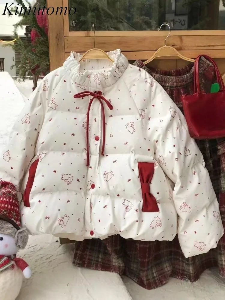 

Женские парки Kimutomo, зима 2021, модные стеганые куртки с принтом кролика в горошек и бантом, милые женские пальто