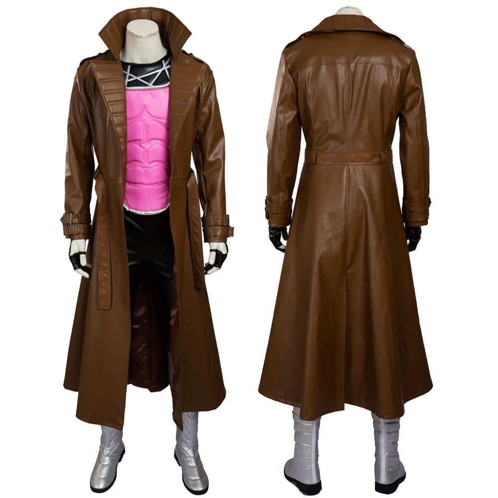 

Gambit Remy Cosplay Superhero Costume Halloween Carnival Men Battle Outfit Long Trench Faux Leather Suit With Silver Boots