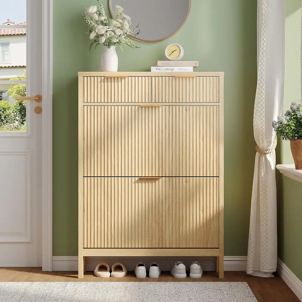 

Double Deck Shoe Cabinet with 2 Drawers & 2 Doors, Adjustable Shelf Organizer for Entryway, Hallway, or Front Door Entrance in N