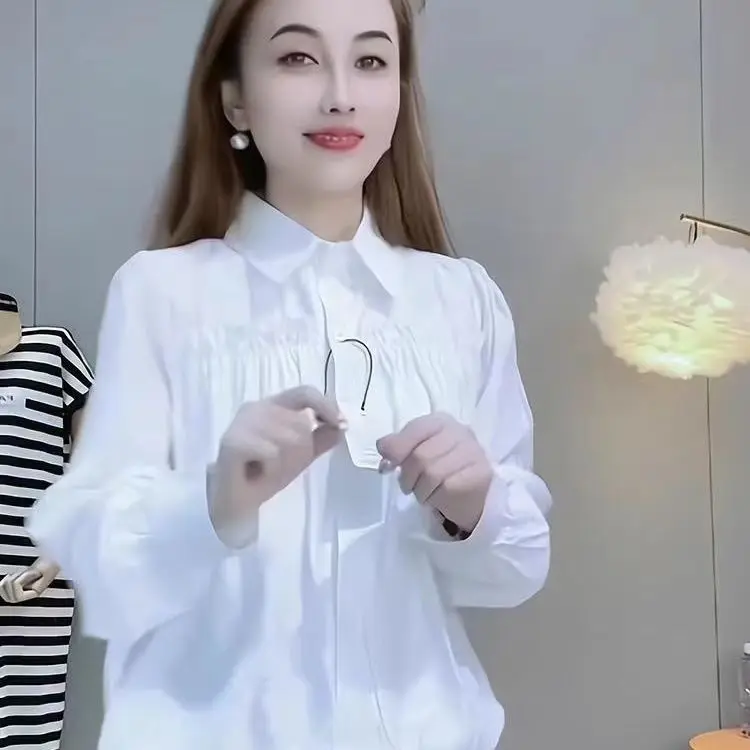 

Long Sleeve Shirts Womens Satin Patchwork Slim Fit Turn Down Collar Feminine Elegant Romantic Preppy Youthful Spring Clothing