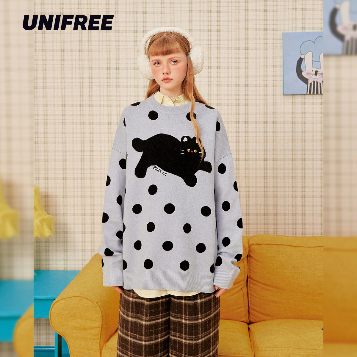 

UNIFREE Cute Cartoon Cat Sweaters Women Hotsweet Loose O-neck Knitted Pullovers Winter Warm Harajuku Warm Sweater