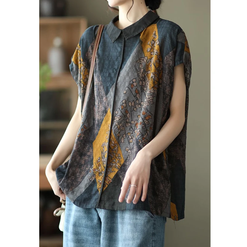 Women Vintage Ethnic Style Oversized Cotton Blouse Summer Fashion Polo Collar Short Sleeve Shirts Casual Simple Tops Blusas Ropa