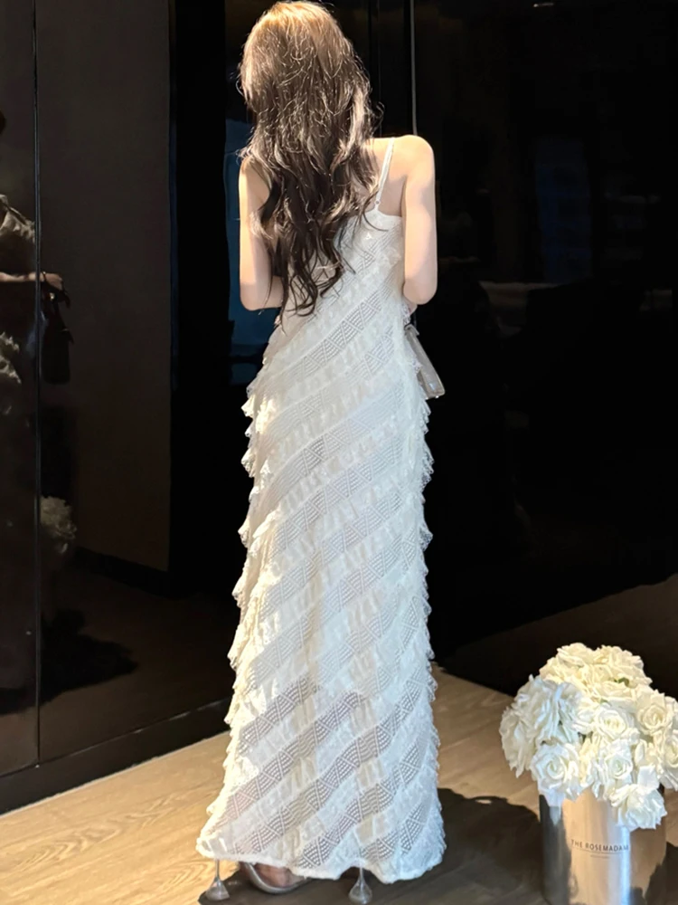 2025 renda branca jacquard chique babados vestido de noite de luxo feminino elegante estilingue sexy vestido longo verão coreano bodycon vestido de festa