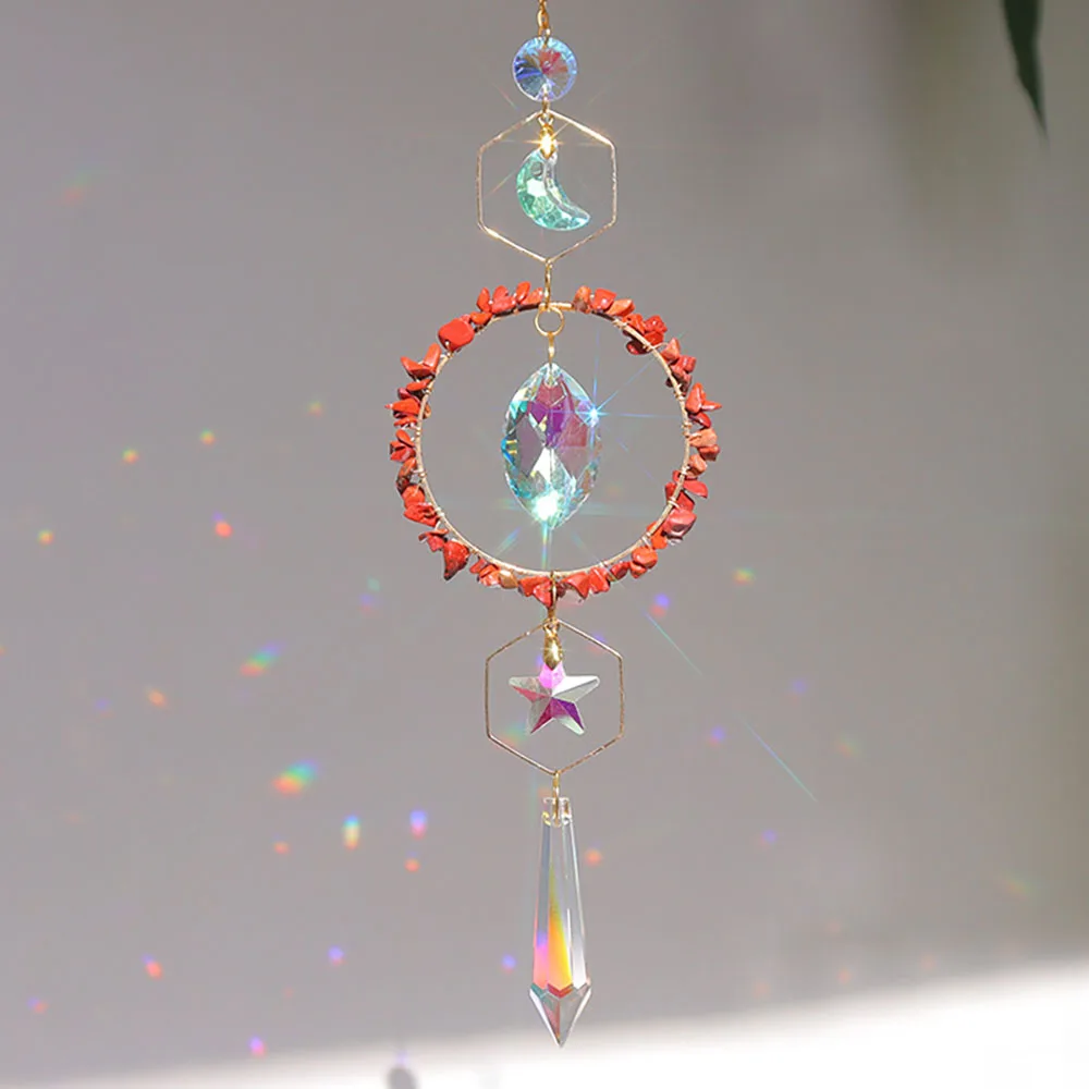 Custom Red Jasper Crystal Chip Sun Catcher - Hexagon Ring Moon Star Prisms Glass Hanging Ornament for Window Decor
