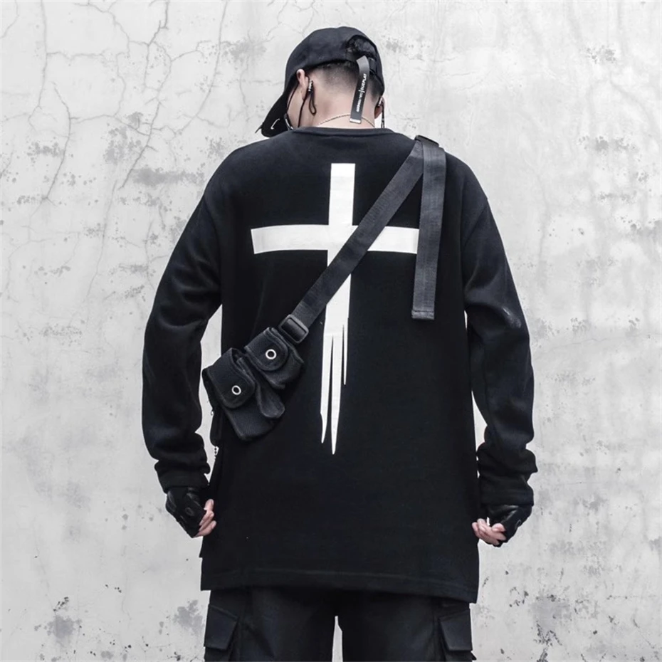 Hip Hop Long Sleeve T-Shirt Men 2025 Spring Cross Personalized Graphic T Shirts Streetwear Tops Tees Black Harajuku TShirt