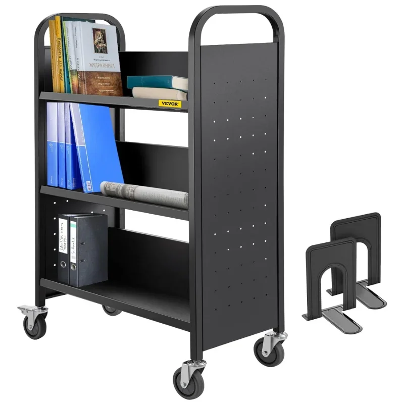 200LBS Library , 30x14x45 Rolling , Single Sided V-Shaped Sloped with 4 Lockable Wheels Home Office and School Truck in Blac