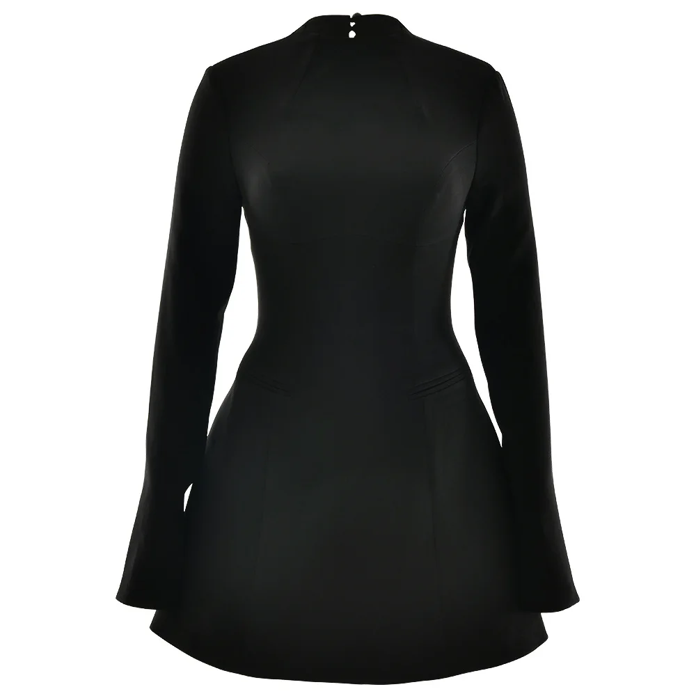 2024 New O Neck Long Sleeve A Line Short Dresses Women Fashion Slim Fit Solid Dresses Winter Back Hollow Out Club Party Dresses